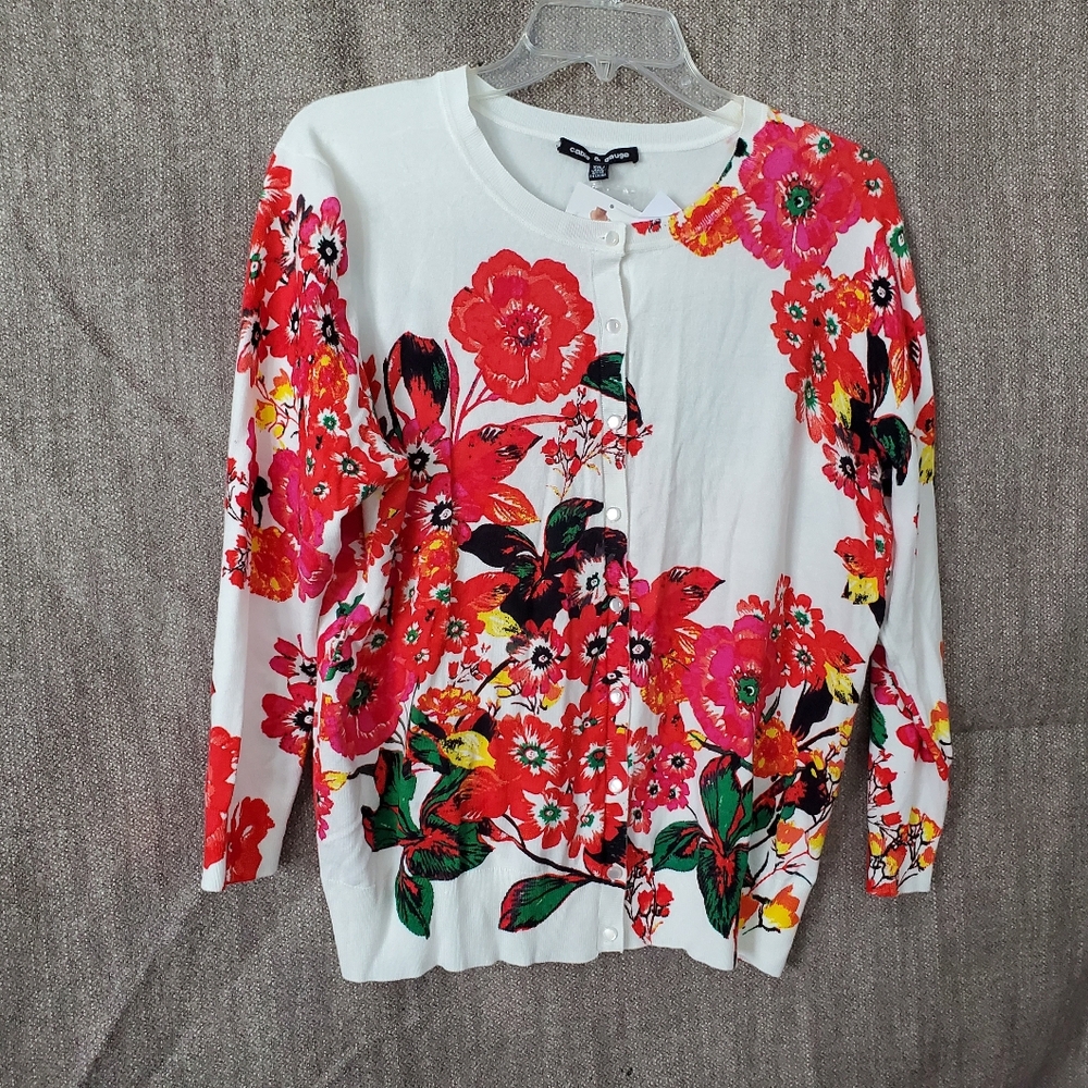 Womens XXL Cable & Gauge Floral Cardigan - White and Red